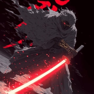 Könnte beinhalten: Digitale Illustration einer vermummten Figur mit leuchtend roten Augen und einem roten Katana. Die Figur ist vor einem dunklen Hintergrund mit roten japanischen Schriftzeichen platziert. Die Katanaklinge strahlt hellrot.