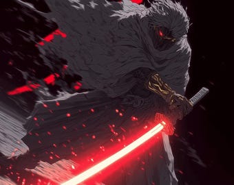 May include: Digital illustration of a cloaked figure with glowing red eyes and a red katana. The figure is set against a dark background with red Japanese characters. The katana blade emits a bright red glow.