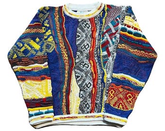 Maglione vintage COOGI Australia 3D Knit Multicolore Fantasia rara Anni '90 Estetica Hip Hop Stile Notorious BIG Taglia S XS Cotone mercerizzato Regalo