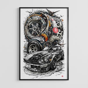 Könnte beinhalten: Ein gerahmter Kunstdruck mit einem schwarzen Sportwagen im Vordergrund und einer großen, detaillierten mechanischen Radbaugruppe darüber. Das Design enthält komplexe Linienführung, japanische Schriftzeichen und ein rotes Kreissiegel auf weißem Grund.