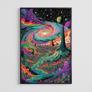 Könnte beinhalten: Ein vertikaler Wandkunstdruck mit einer lebendigen, psychedelischen Landschaft mit wirbelndem Galaxienhimmel, hoch aufragenden Türmen und Pyramidenstrukturen. Die Szene ist gefüllt mit intensiven Violett-, Türkis-, Orange- und Rosatönen und zeigt eine surreale Stadt, eingebettet zwischen Bergen und einem gewundenen Fluss unter einer sternenklaren kosmischen Weite.