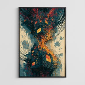 Pode incluir: Uma impressão de arte de parede retangular vertical apresentando um aglomerado caótico de televisores vintage azul-escuros e pretos conectados por fios pretos emaranhados, com chamas laranja e amarelas brilhantes saindo do centro da massa.
