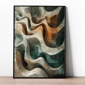 May include: A rectangular wall art print featuring an abstract composition of flowing, layered waves in shades of cream, beige, tan, and deep forest green. The design creates a sense of depth through overlapping curved forms and smooth gradients.