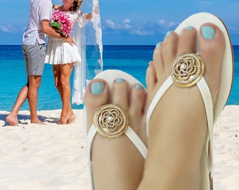 Gold Pearl Rhinestone Flower Wedding Bling Clips Sandals Accessory Comfortable Reception Bride Flip Flops Resort Beach Wear Destination