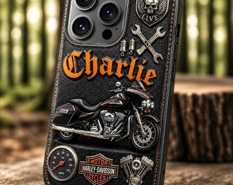 Personalisierte Biker iPhone Hülle, Custom Motorradfahrer Handyhülle, Harley Style Leder Handyhülle Geschenk für Männer