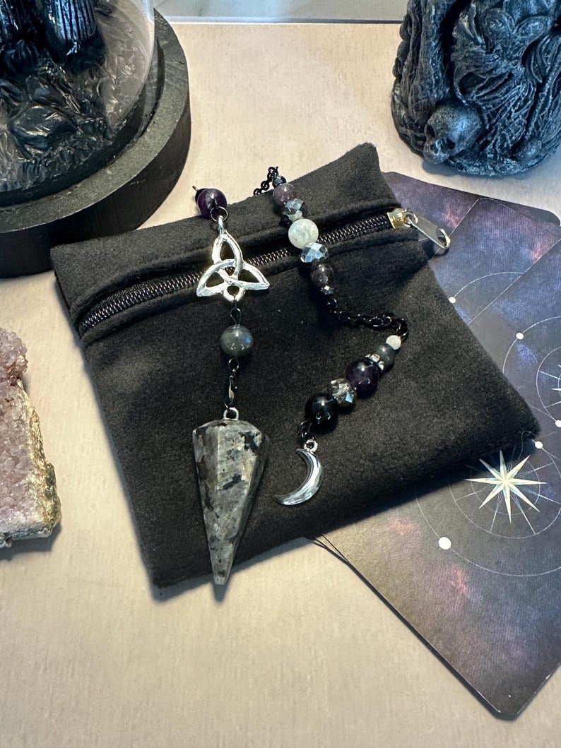 Lunar Eclipse - Larvikite/Labradorite/Amethyst/Black Obsidian Pendulum image 5
