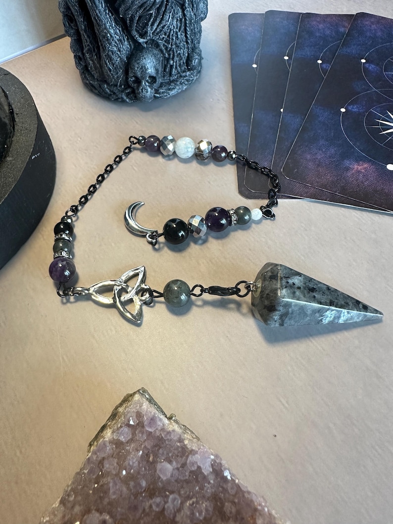 Lunar Eclipse - Larvikite/Labradorite/Amethyst/Black Obsidian Pendulum Larvikite