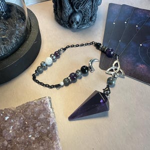 Lunar Eclipse - Larvikite/Labradorite/Amethyst/Black Obsidian Pendulum Amethyst