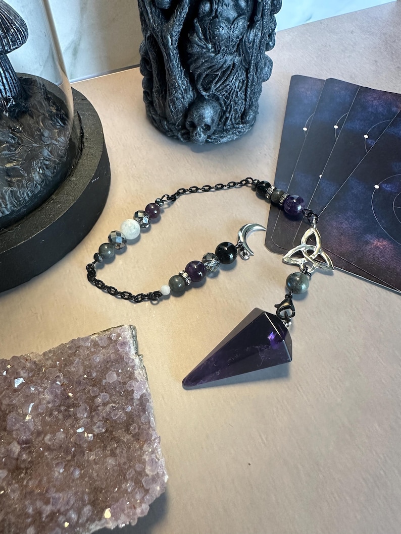 Lunar Eclipse - Larvikite/Labradorite/Amethyst/Black Obsidian Pendulum Amethyst