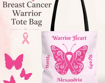 Personalized Breast Cancer Warrior Tote Bag - Custom Warrior Heart Butterfly Ribbon Bag