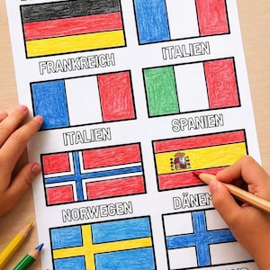 Puede incluir: Una hoja para colorear con banderas de países europeos, como Alemania, Francia, Italia, España, Noruega, Dinamarca y Finlandia. Las banderas están delineadas en negro y coloreadas con crayones. Una mano está coloreando la bandera española.