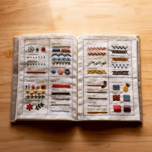 Peut inclure: Livre ouvert présentant des points de broderie colorés. Chaque point est nommé. Les points incluent des motifs floraux, géométriques et linéaires, démontrant une gamme de techniques et de designs. Le livre est posé sur une surface en bois.