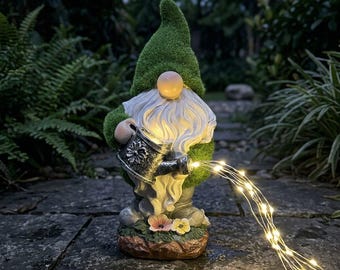 Solar Garden Gnome Watering Can Statue Light - Resin, Whimsical Garden Decor, Outdoor Courtyard Gift, Unique Lawn Ornament, Flower Theme