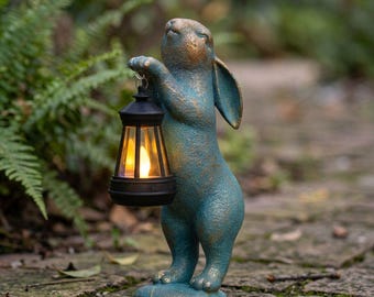 Lámpara de transporte de conejos - Decoración solar de resina para jardín, adorno de Pascua, decoración para exteriores, regalo para jardineros, decoración de primavera