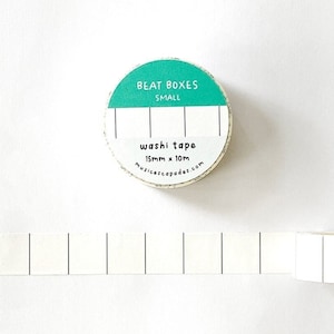 May include: A roll of white washi tape with black lines. The tape is 15mm wide and 10m long. The tape is packaged in a small, teal-coloured container with the text "Beat Boxes Small" and "washi tape 15mm x 10m musicascapades.com".