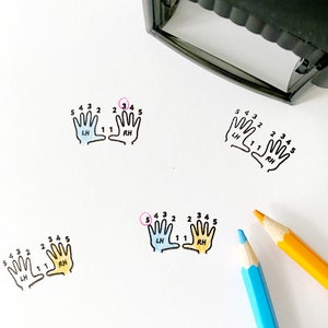 May include: Four sets of hand outlines with numbers 1 through 5 on each finger. The hands are labeled "LH" for left hand and "RH" for right hand. One hand is highlighted in pink, another in blue, and another in yellow. The image also shows two colored pencils, one blue and one yellow.