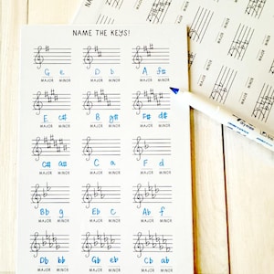 May include: A printable worksheet with musical notation for learning music theory. The worksheet has the title "Name the Keys!" and includes a treble clef with sharps and flats for each key signature. The worksheet includes major and minor keys.