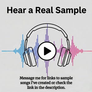 May include: Image with the text "Hear a Real Sample" above a graphic of headphones with a play button in the center. Colorful sound wave graphics are on either side of the headphones. The text "Message me for links to sample songs I've created or check the link in the description" is below.