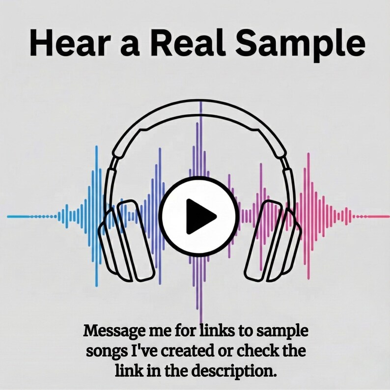 May include: Image with the text "Hear a Real Sample" above a graphic of headphones with a play button in the center. Colorful sound wave graphics are on either side of the headphones. The text "Message me for links to sample songs I've created or check the link in the description" is below.