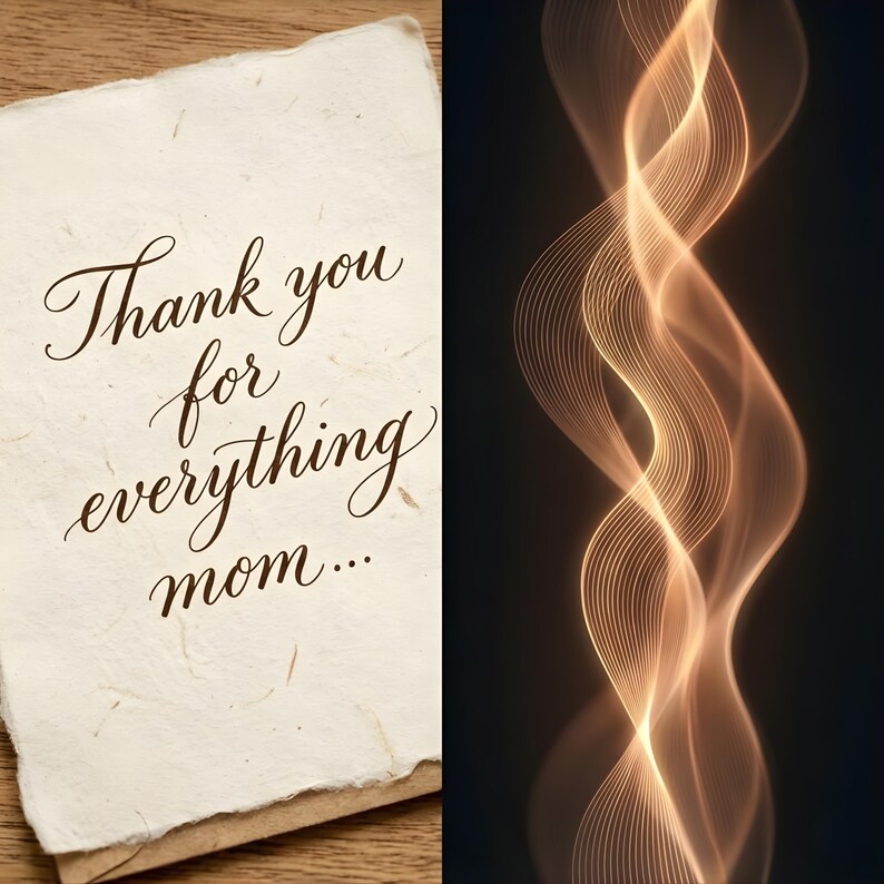 May include: A handmade paper card with the words "Thank you for everything mom..." in elegant script. The card is on a wooden surface. To the right is an abstract design of flowing, golden lines against a dark background.