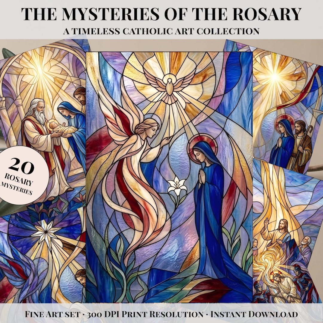 Mysteries of the Rosary Stained Glass Print Set, Catholic Wall Art, 20 ...