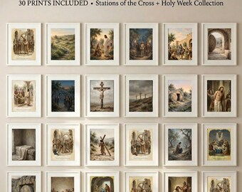 Holy Week Complete Bundle (30 Prints), Stations of the Cross + Resurrection Set, Catholic Wall Art, Lent & Easter Decor, Christian Printable