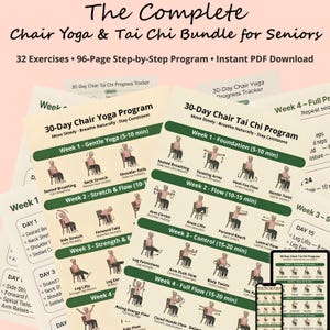 May include: A bundle for seniors featuring chair yoga and Tai Chi exercises. The image displays a series of illustrated exercise guides, including a 30-day chair yoga program and a 30-day chair Tai Chi program. The guides are printed on white paper with green and black text.