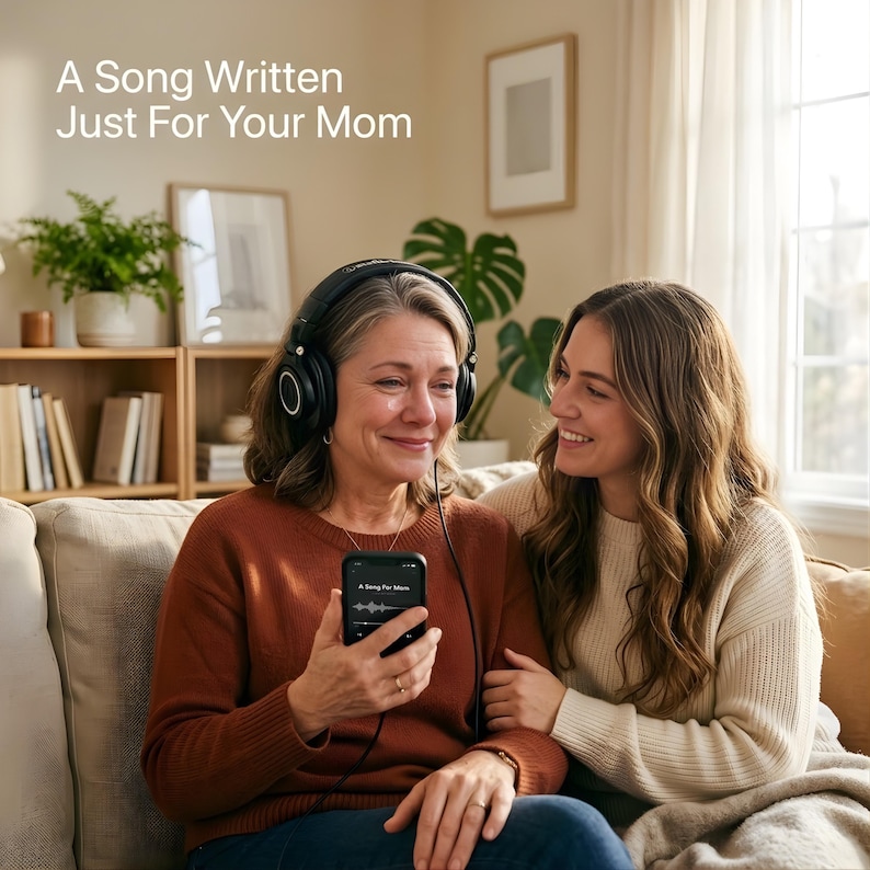 May include: An older woman wearing black headphones listens to music on a smartphone held by her. The phone displays the text "A Song For Mom". A younger woman smiles at her. The text "A Song Written Just For Your Mom" is at the top.