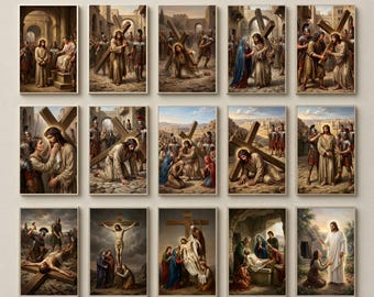 Stations of the Cross Printable Wall Art Set, Catholic Via Crucis, 15 Stations with Resurrection, Christian Wall Decor, Lent Easter Set