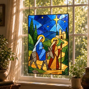 May include: A rectangular stained glass panel depicting a nativity scene with two figures travelling on a path towards a distant building under a starry night sky. The artwork features vibrant blue, green, yellow, and brown glass segments.