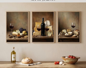 May include: A triptych of framed prints featuring gourmet wine and cheese. Each print showcases a still life with wine glasses, various cheeses, grapes, and bread. The prints are set against a warm, neutral background, with the text "Gourmet Wine & Cheese Triptych" at the top.