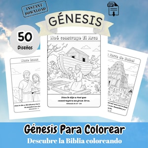 Op de afbeelding: Een verzameling kleurplaten met bijbelse scènes, waaronder de Ark van Noach, de toren van Babel en de geboorte van Isaak. De pagina's zijn zwart-wit lijntekeningen met de tekst "Génesis" en "50 Diseños". Inclusief een "Direct downloaden" en "PDF" icoon.
