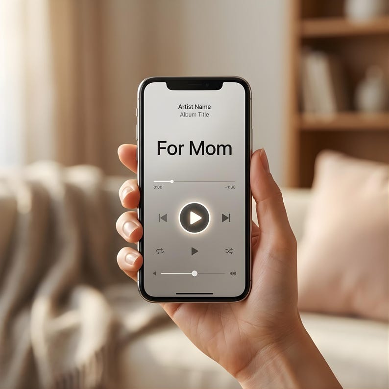 May include: A smartphone displaying a music player interface with the text "For Mom" on the screen. The interface shows a play button, time indicators, and other music control icons. The phone is held in a hand.