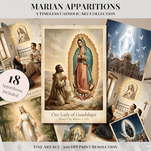 May include: A collection of fine art prints featuring Marian apparitions. The central image depicts Our Lady of Guadalupe, with other religious art pieces surrounding it. The text includes "Marian Apparitions" and "Fine Art Set."