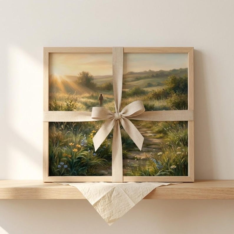 May include: A framed landscape painting depicting a path through a field, with a figure walking towards the sunlight. The artwork is wrapped with a beige ribbon and bow, presented on a wooden shelf.