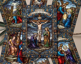 Stained Glass Stations of the Cross Printable (14 Prints + 2 Easter Bonus Images), Way of The Cross Print Wall Art,  Digital Download