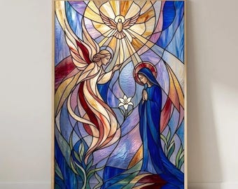 May include: A rectangular stained glass panel depicting an angel with flowing wings and a figure in a blue robe facing each other. A white lily sits between them, and a dove is positioned at the top centre, surrounded by radiating light beams.
