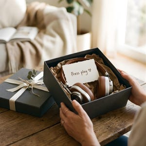 May include: A pair of brown and white headphones inside a black gift box with a handwritten note that says "Press play". The box is on a wooden table next to a closed gift box with a cream ribbon.