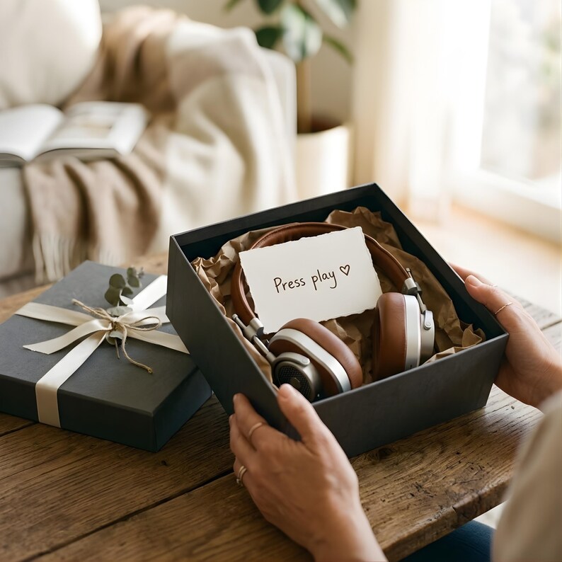May include: A pair of brown and white headphones inside a black gift box with a handwritten note that says "Press play". The box is on a wooden table next to a closed gift box with a cream ribbon.