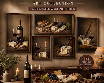 May include: A digital collection of 16 printable wall art pieces titled WINE & CHEESE ART COLLECTION. The images feature still life compositions of wine bottles, glasses, various cheeses, bread, grapes, and nuts in dark, rustic, warm-toned frames.