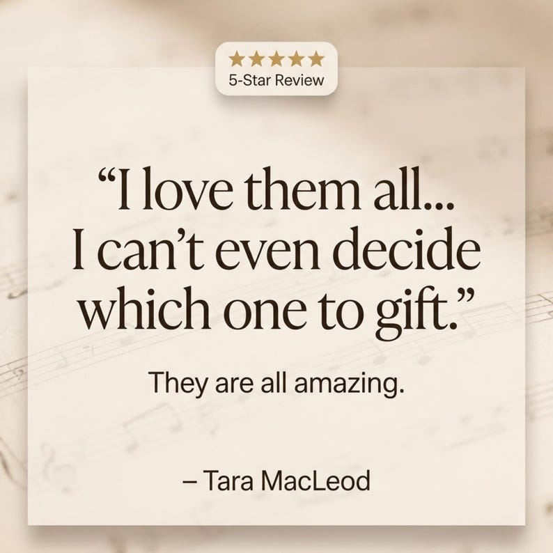 May include: A cream-colored background with musical notes and a white rectangle containing text. The text reads, "I love them all... I can't even decide which one to gift." Below, it says, "They are all amazing." A 5-star review is at the top.