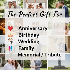 May include: A collage of photos with the text "The Perfect Gift For" and the words "Anniversary, Birthday, Wedding, Family, Memorial / Tribute." The photos show couples and groups of people celebrating.