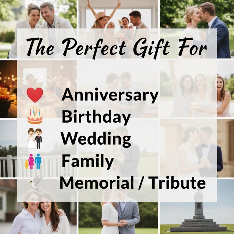 May include: A collage of photos with the text "The Perfect Gift For" and the words "Anniversary, Birthday, Wedding, Family, Memorial / Tribute." The photos show couples and groups of people celebrating.