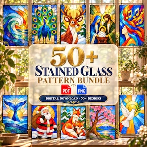 May include: A digital collection of 50+ stained glass patterns featuring colorful designs including a wave, peacock, deer, nativity scene, musical figure, whale tail, Santa Claus, foxes, cherry blossoms, and a dove, labeled 50+ Stained Glass Pattern Bundle.