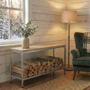 Puede incluir: Una escena rústica de sala de estar con un banco de almacenamiento de leña de madera y metal. El banco contiene leña apilada y se coloca cerca de una ventana con vista nevada. Un sillón verde y una lámpara de pie completan el ambiente.