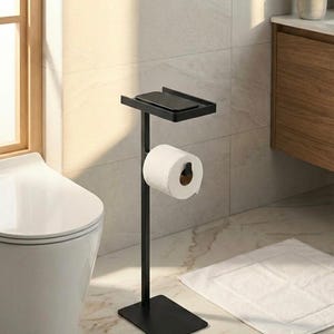 May include: A black metal toilet paper holder with a shelf for a phone or other small items. The holder has a square base and a vertical pole with a roll of white toilet paper. The bathroom setting includes a white toilet and a white bath mat.