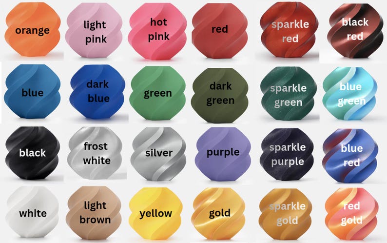 May include: A collection of colorful, spiral-shaped objects, each labeled with a different color name. Colors include orange, pink, red, blue, green, black, white, yellow, and gold. Some have a sparkle effect.