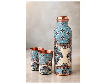 Copper Water Bottle & 2 Glass Set – 1L Bottle + 250–300ml Glasses | Ayurvedic Wellness Gift Set