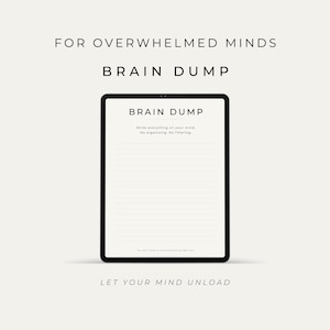 Puede incluir: Una tableta digital con marco negro muestra las palabras "Brain Dump" y papel rayado. El texto "For Overwhelmed Minds" y "Let Your Mind Unload" están arriba y abajo de la tableta. El fondo es de color beige claro.
