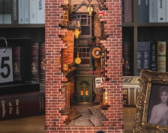Kit de bricolaje para rincón de lectura en una callejuela londinense antigua / Miniatura de callejón europeo vintage / Rompecabezas 3D de madera / Estantería con luz LED integrada / Regalo para amantes de los libros